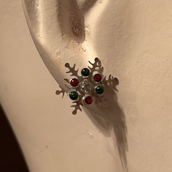 Bundle Sale 3 for $15 | Silver-Tone Snowflake Earrings | Green and Red Accents - Picture 1 of 7